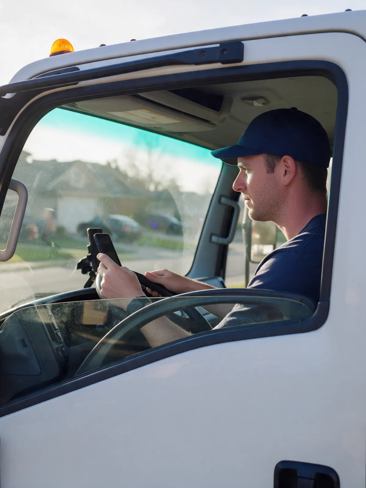 Box truck owner running his business from his phone in the cab